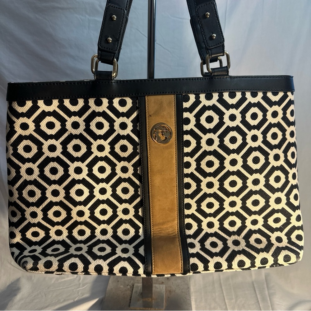Spartina 449 Tote Black & White Linen & Tan Leather Large  with Matching Wallet